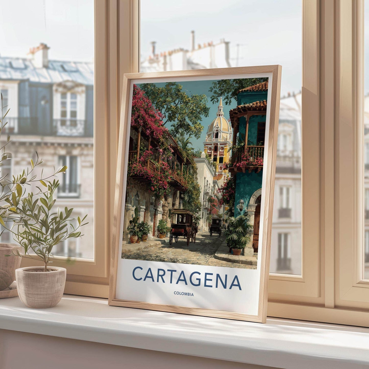 Cartagena Poster - Colombia Travel Art - Colonial Street Carriages Home Decor