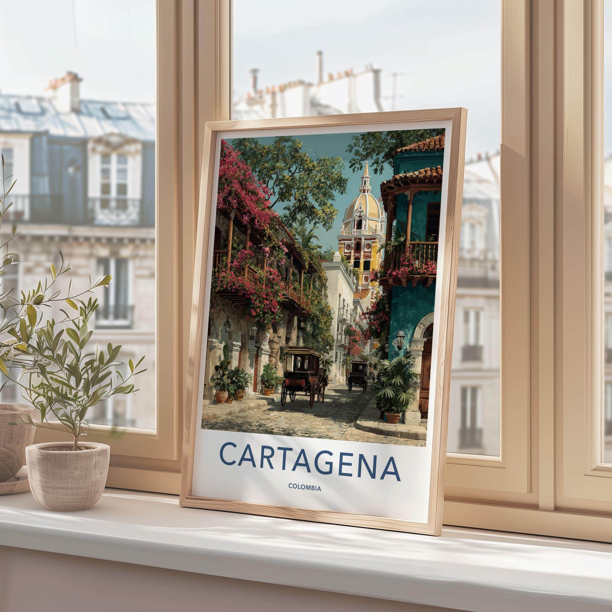 Cartagena Poster - Colombia Travel Art - Colonial Street Carriages Home Decor