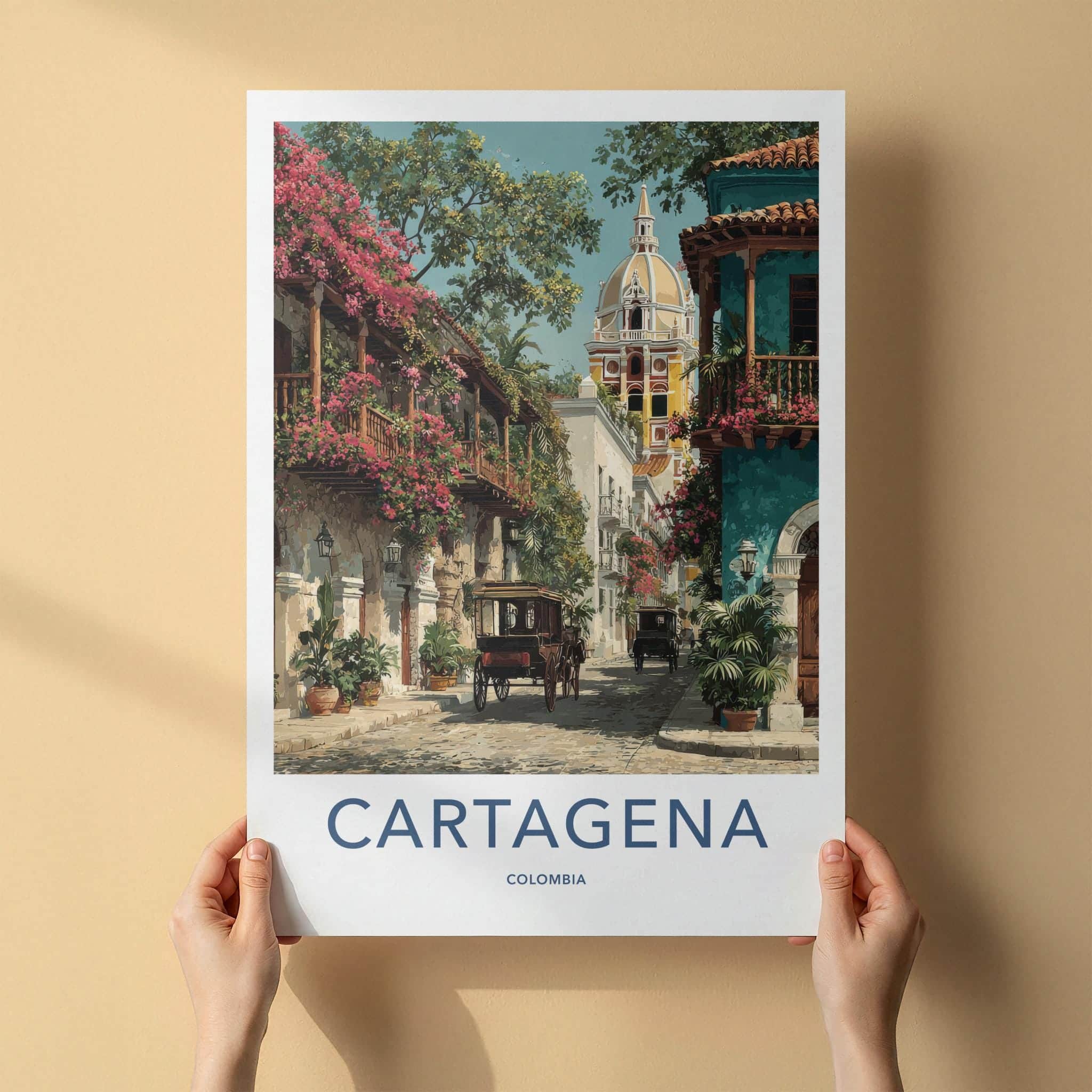Cartagena Poster - Colombia Travel Art - Colonial Street Carriages Home Decor
