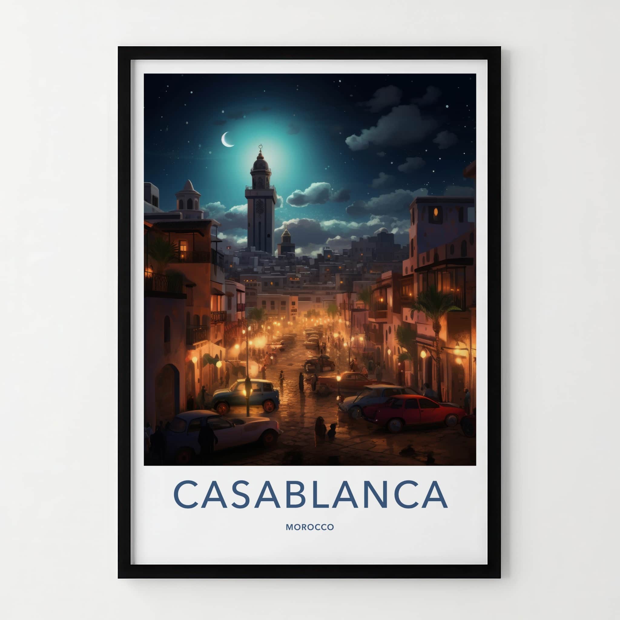 Casablanca Poster - Morocco Travel Art - Moonlit City Street Home Decor