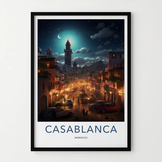 Casablanca Poster - Morocco Travel Art - Moonlit City Street Home Decor