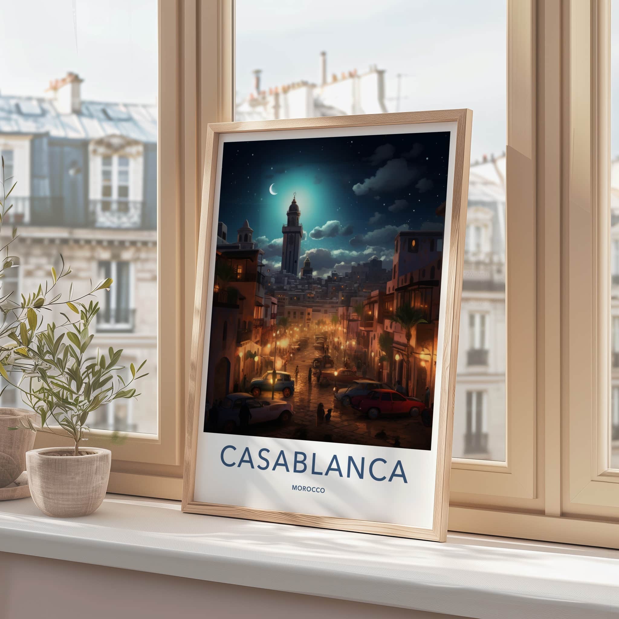 Casablanca Poster - Morocco Travel Art - Moonlit City Street Home Decor