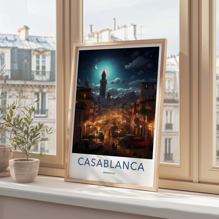 Casablanca Poster - Morocco Travel Art - Moonlit City Street Home Decor