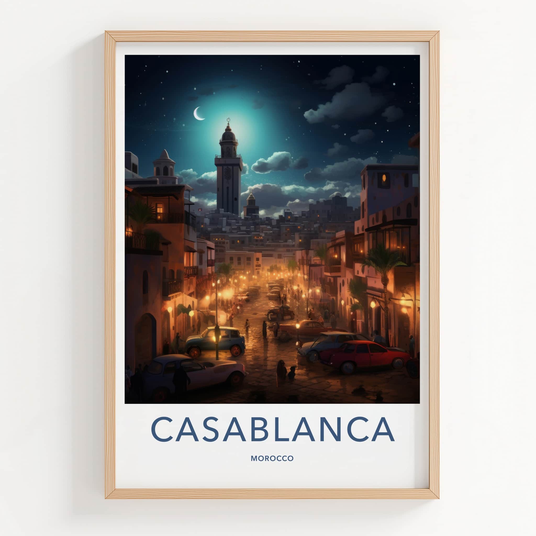 Casablanca Poster - Morocco Travel Art - Moonlit City Street Home Decor