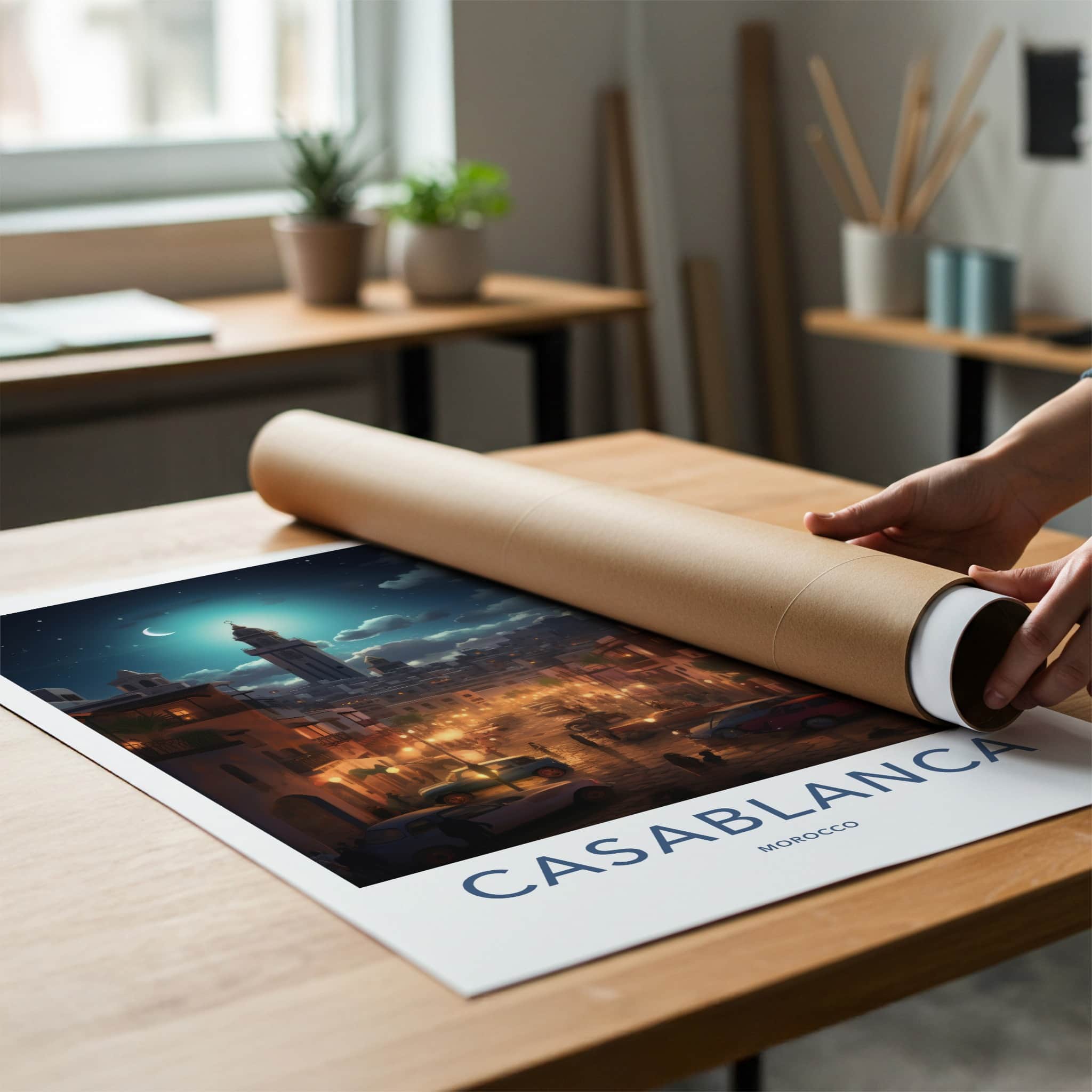 Casablanca Poster - Morocco Travel Art - Moonlit City Street Home Decor