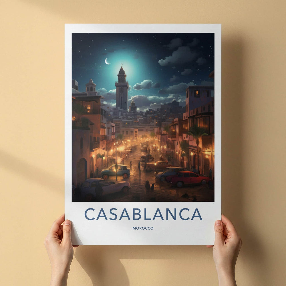 Casablanca Poster - Morocco Travel Art - Moonlit City Street Home Decor