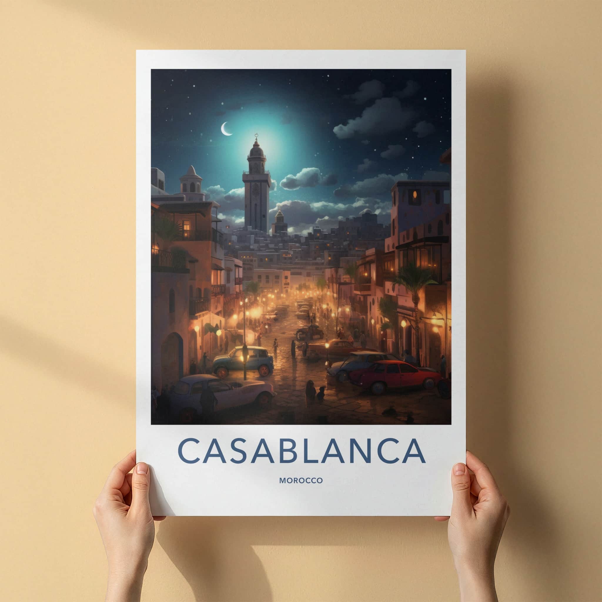 Casablanca Poster - Morocco Travel Art - Moonlit City Street Home Decor