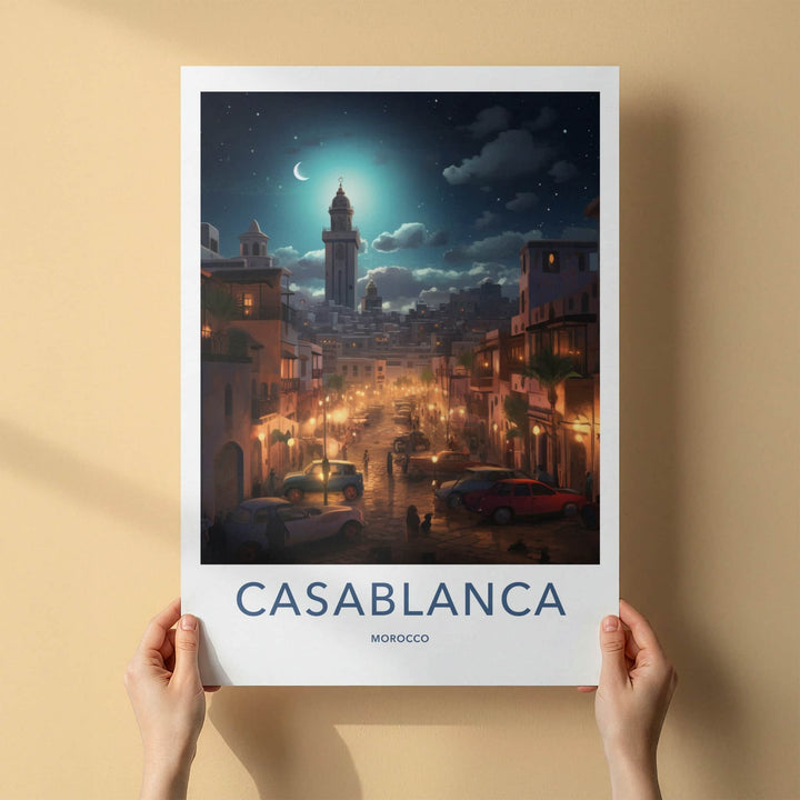 Casablanca Poster - Morocco Travel Art - Moonlit City Street Home Decor