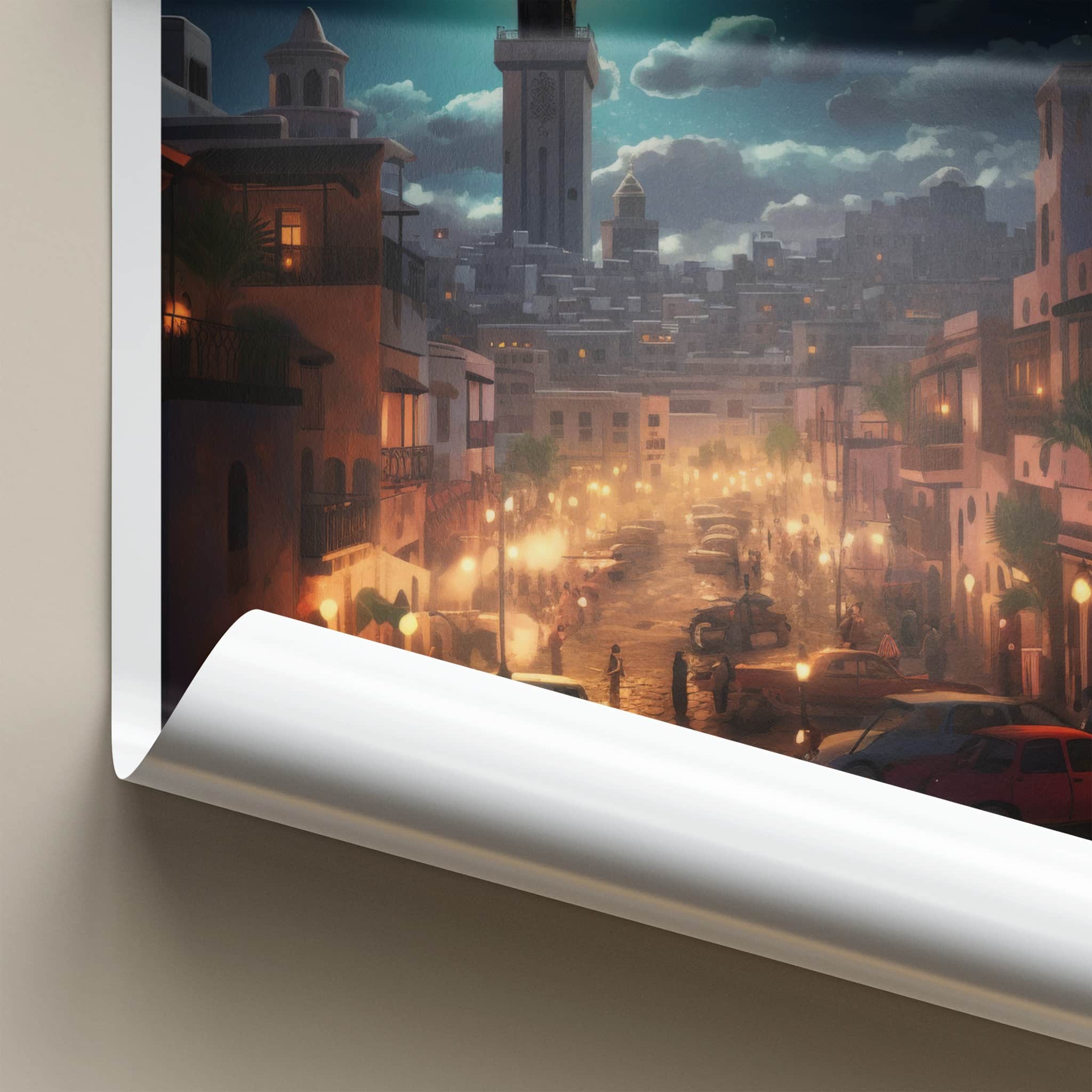 Casablanca Poster - Morocco Travel Art - Moonlit City Street Home Decor