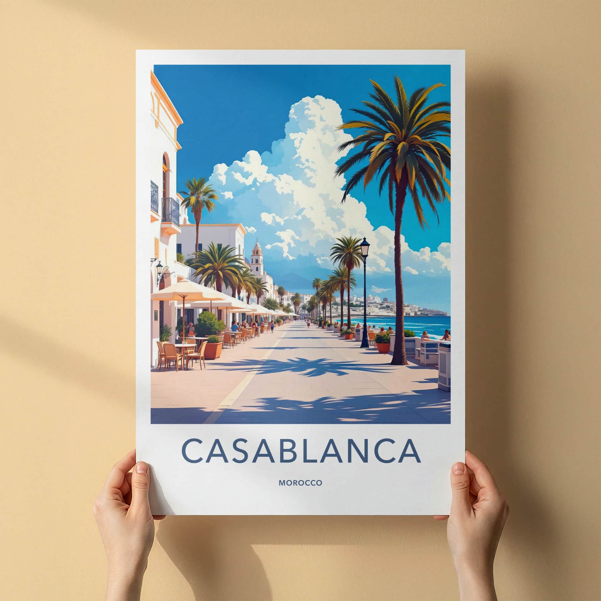 Casablanca Poster - Morocco Travel Art - Palm Lined Promenade Home Decor
