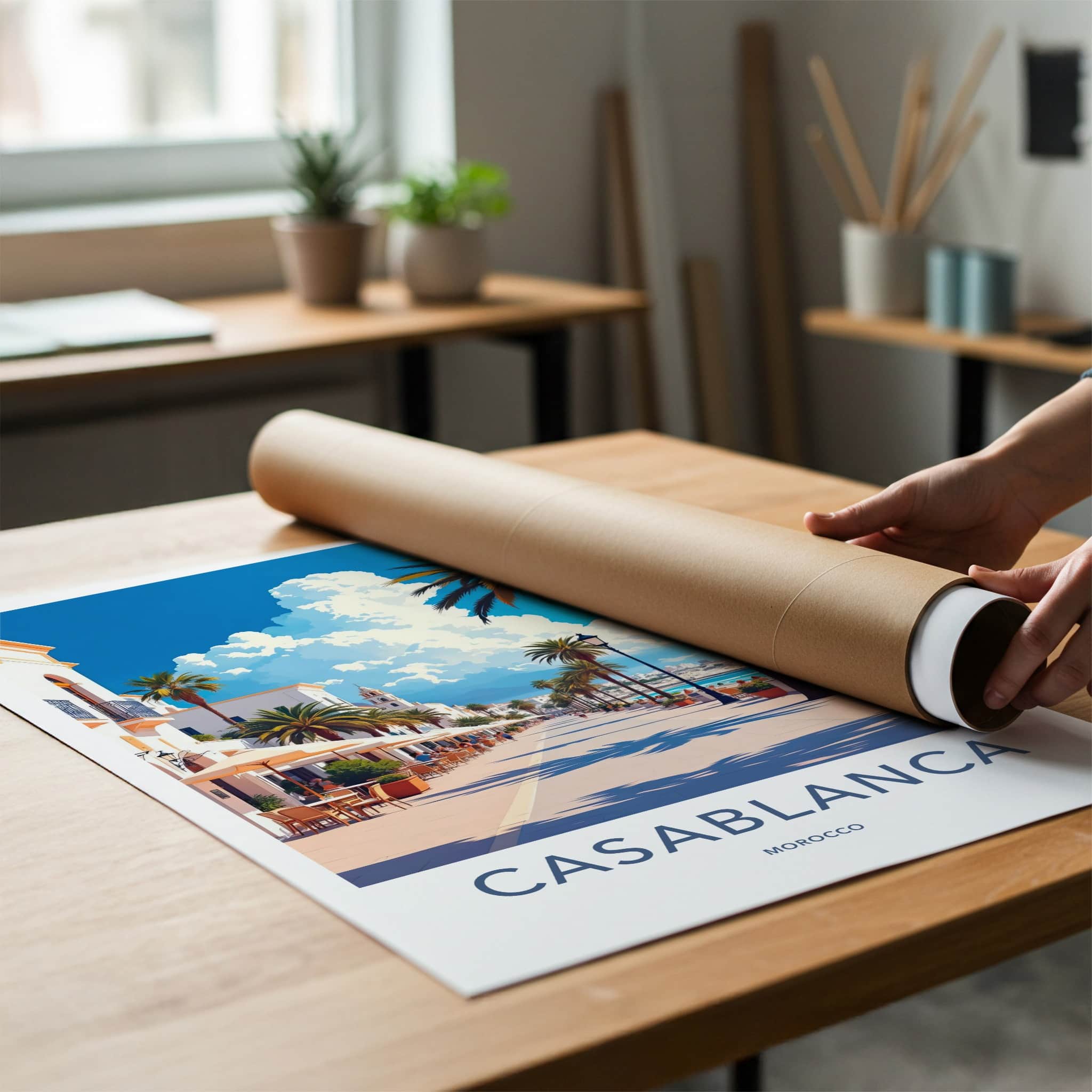 Casablanca Poster - Morocco Travel Art - Palm Lined Promenade Home Decor