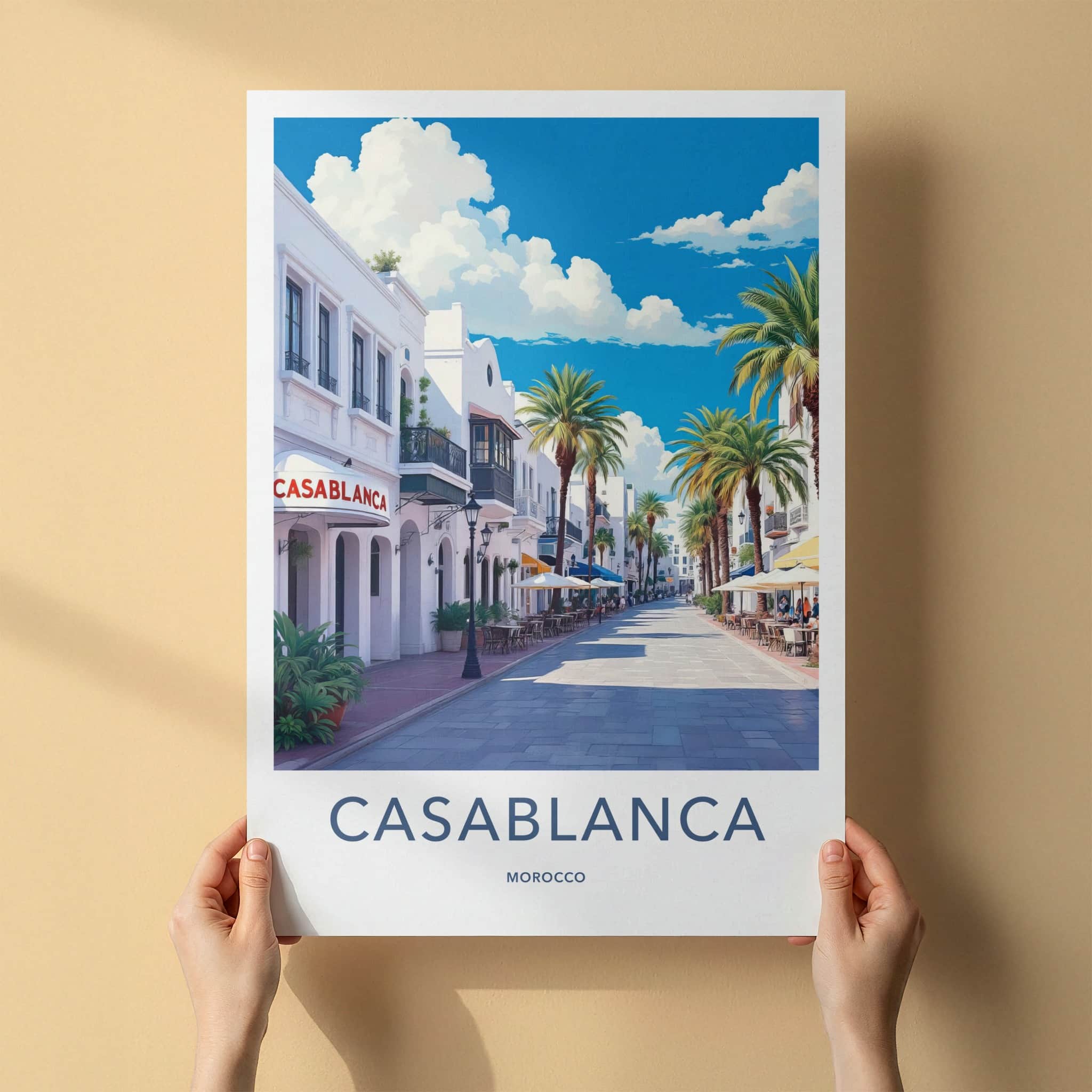 Casablanca Poster - Morocco Travel Art - Sunny Street Palms Home Decor