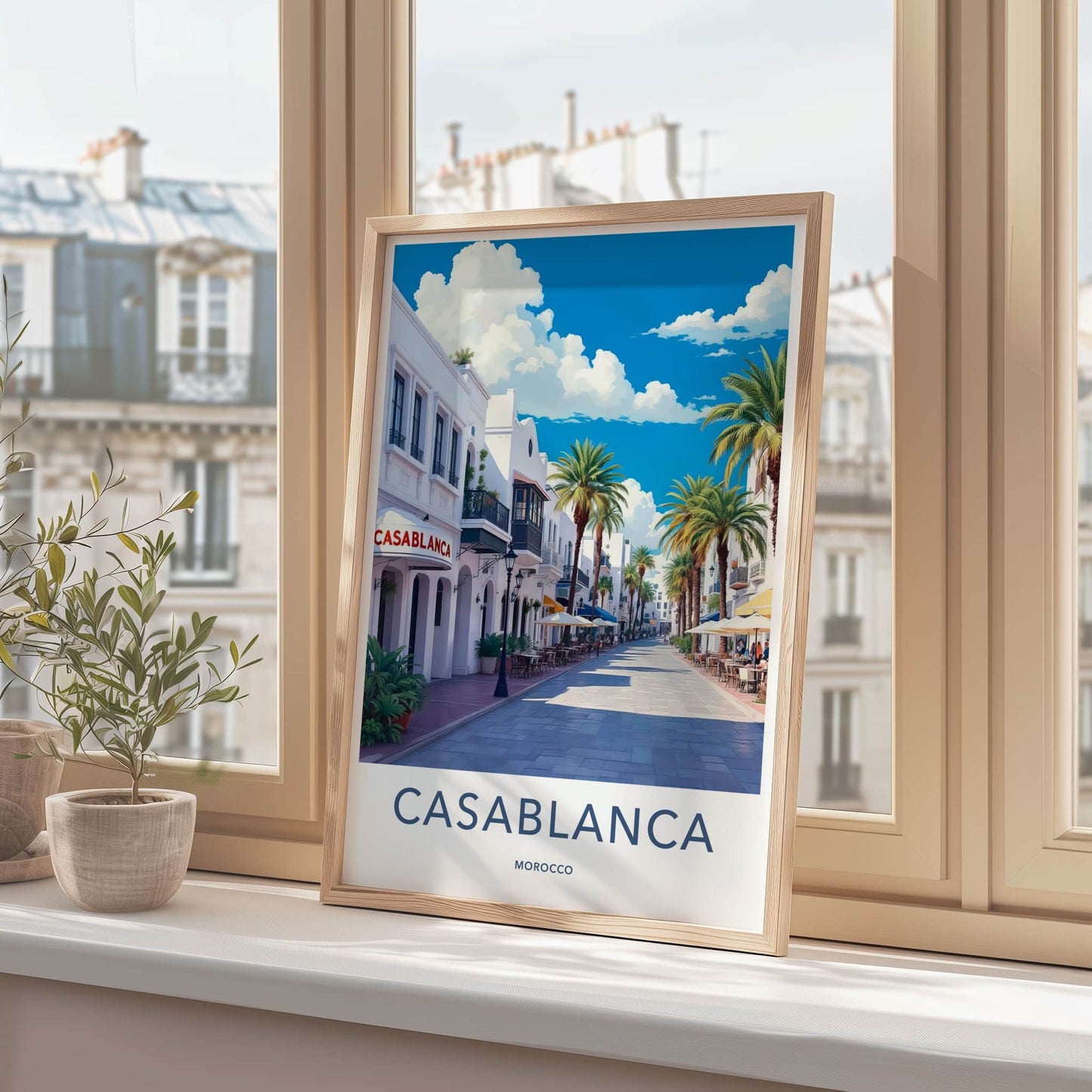 Casablanca Poster - Morocco Travel Art - Sunny Street Palms Home Decor