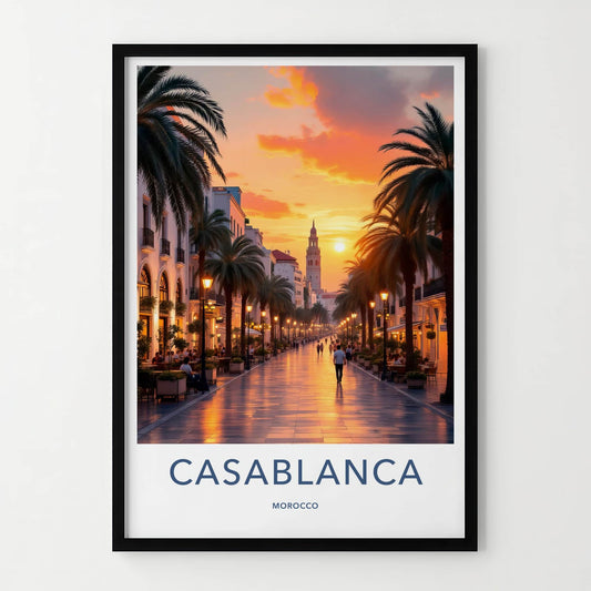 Casablanca Poster - Morocco Travel Art - Vibrant City Sunset Home Decor
