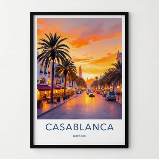 Casablanca Poster - Morocco Travel Art - Vibrant Street Sunset Home Decor
