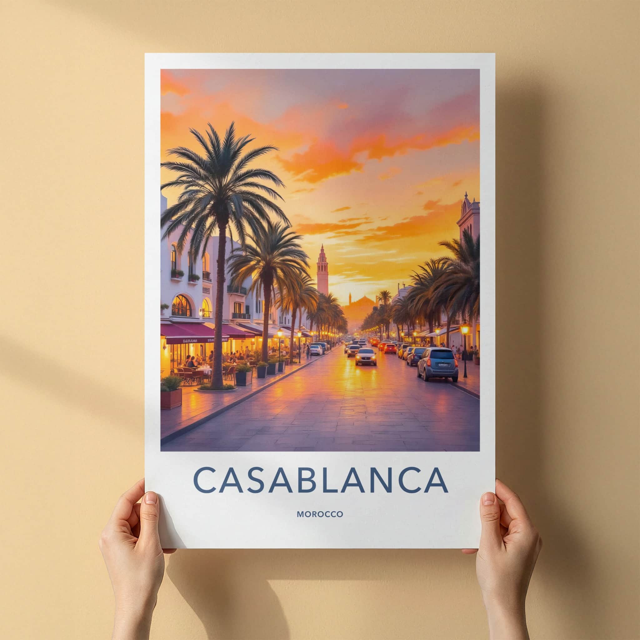 Casablanca Poster - Morocco Travel Art - Vibrant Street Sunset Home Decor
