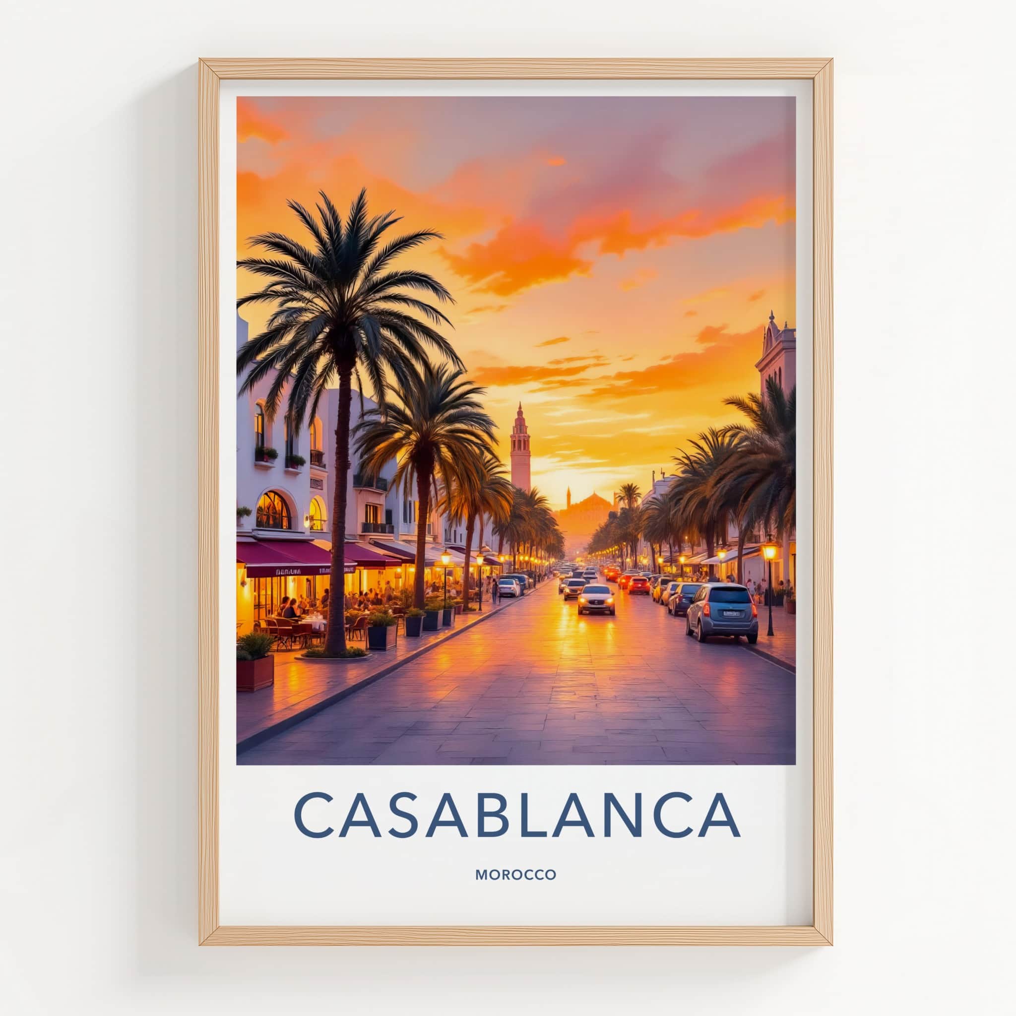 Casablanca Poster - Morocco Travel Art - Vibrant Street Sunset Home Decor