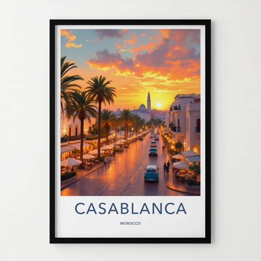 Casablanca Poster - Morocco Travel Art - Vibrant Sunset Street Home Decor