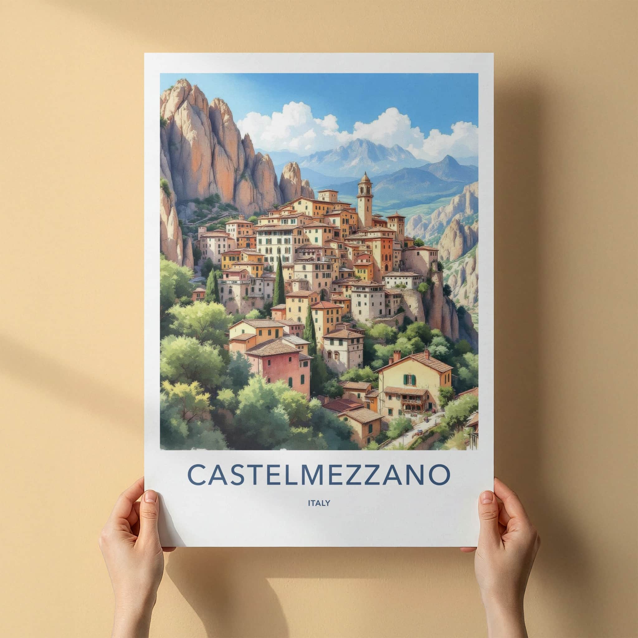 Castelmezzano Poster - Italy Travel Art - Cliffside Village Belltower Home Decor