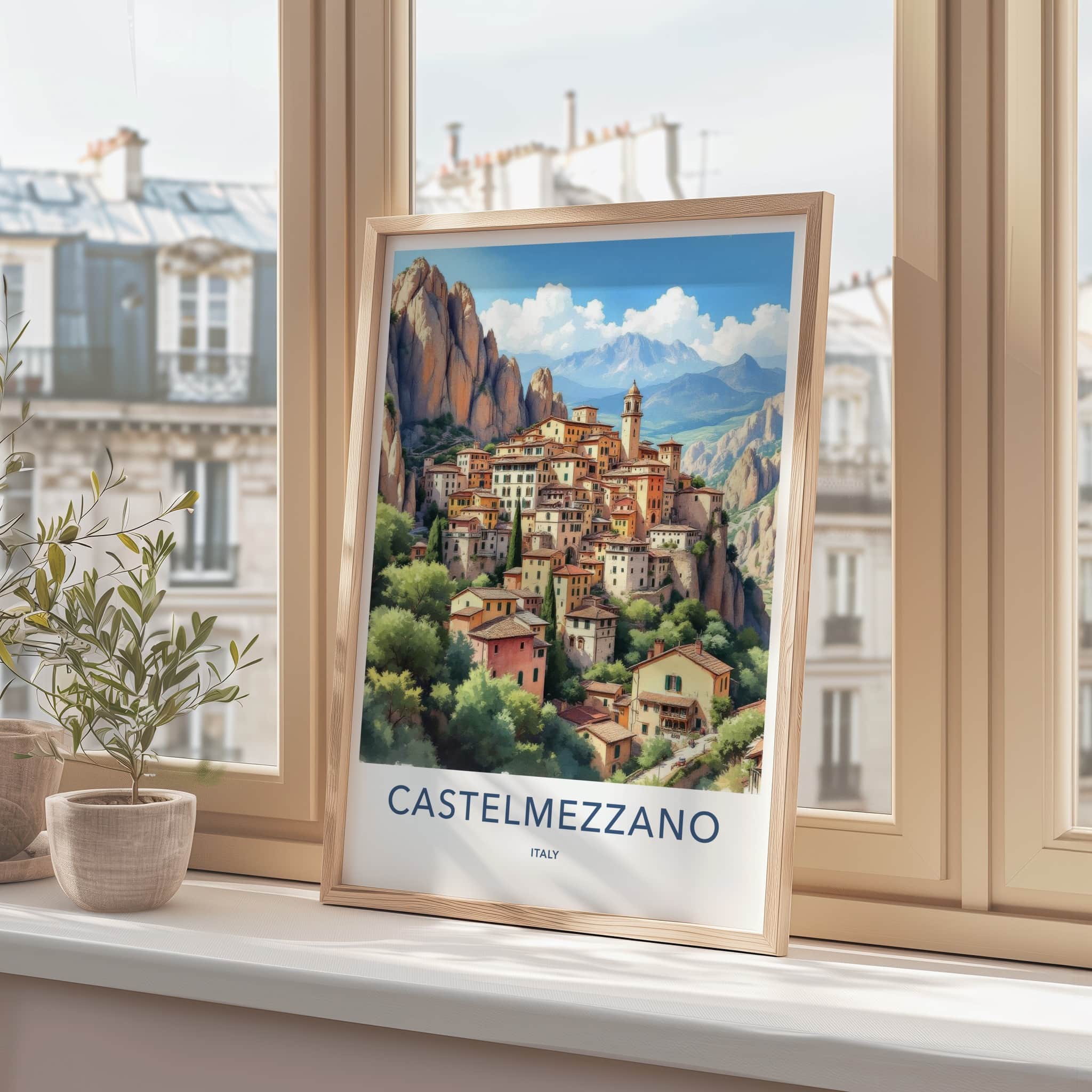 Castelmezzano Poster - Italy Travel Art - Cliffside Village Belltower Home Decor