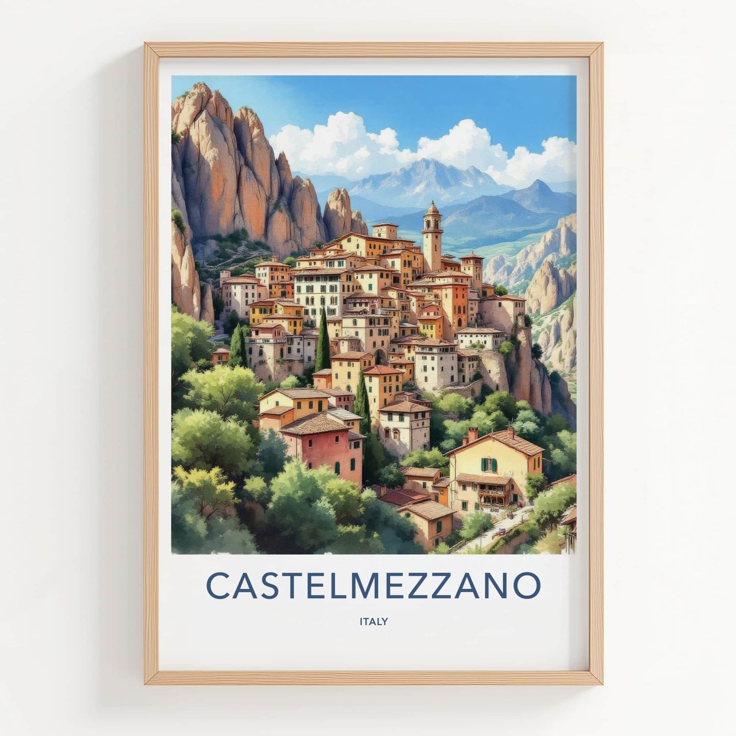 Castelmezzano Poster - Italy Travel Art - Cliffside Village Belltower Home Decor