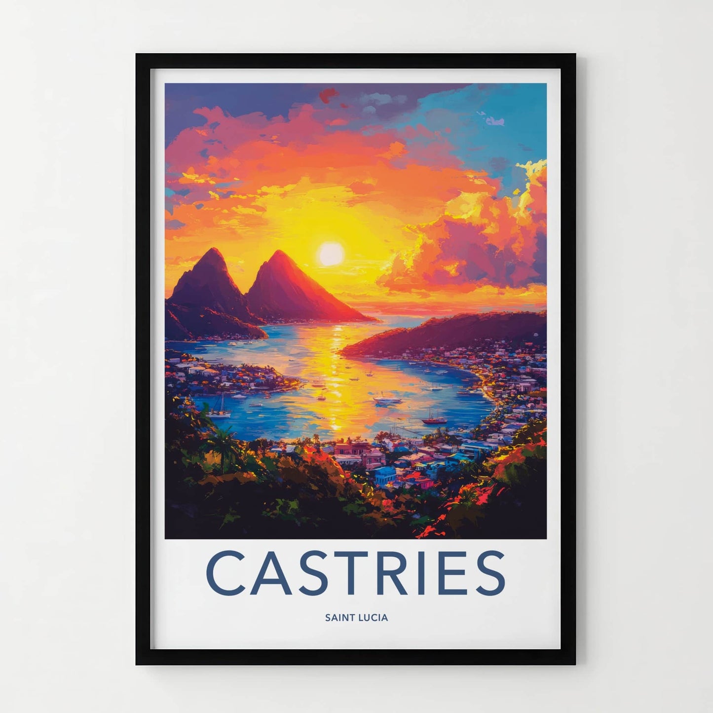 Castries Poster - Saint Lucia Travel Art - Tropical Harbor Sunset Home Decor