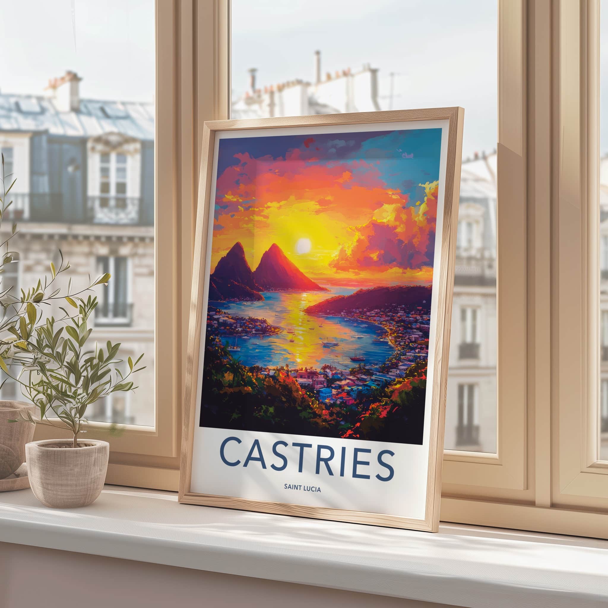 Castries Poster - Saint Lucia Travel Art - Tropical Harbor Sunset Home Decor