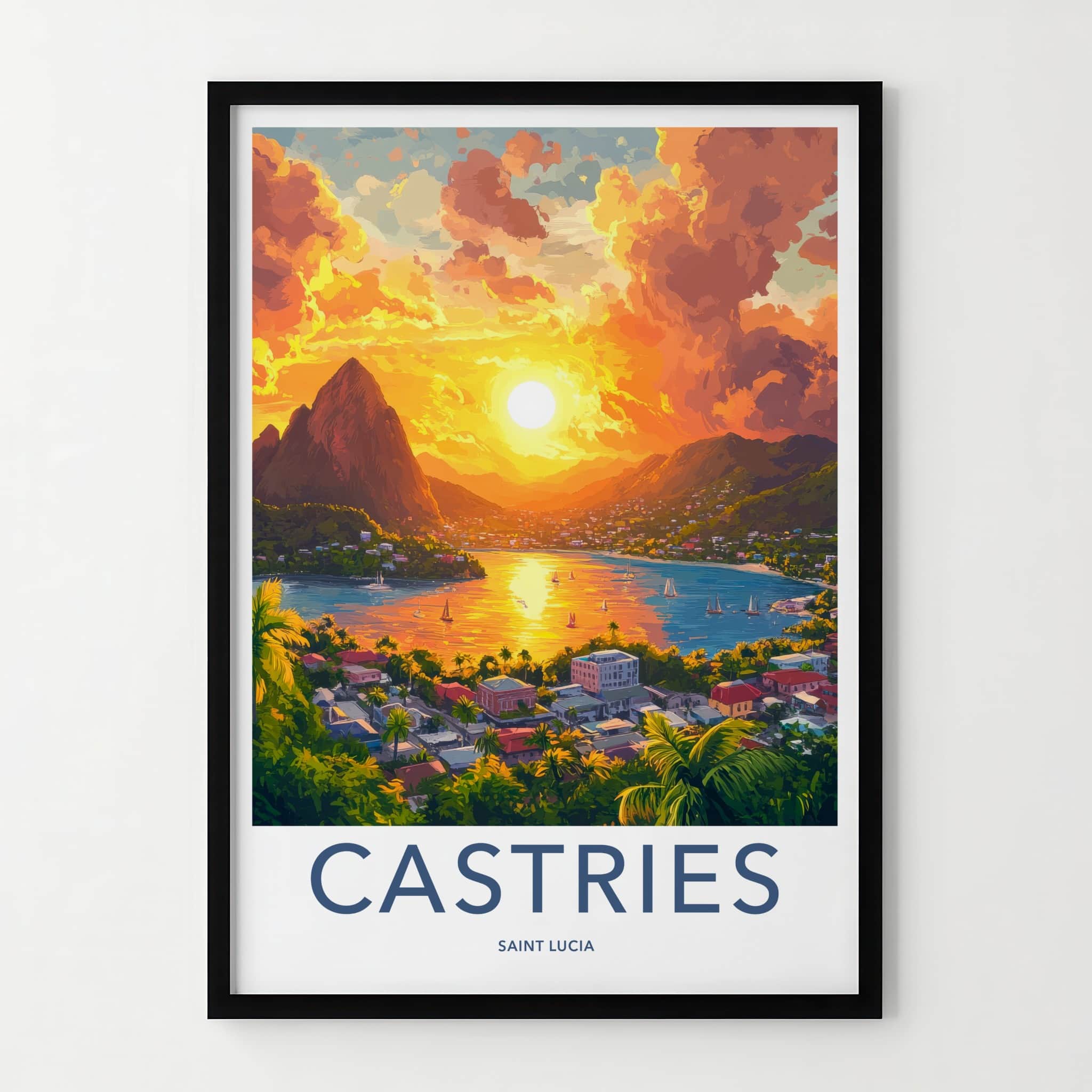 Castries Poster - Saint Lucia Travel Art - Vibrant Sunset Bay Home Decor