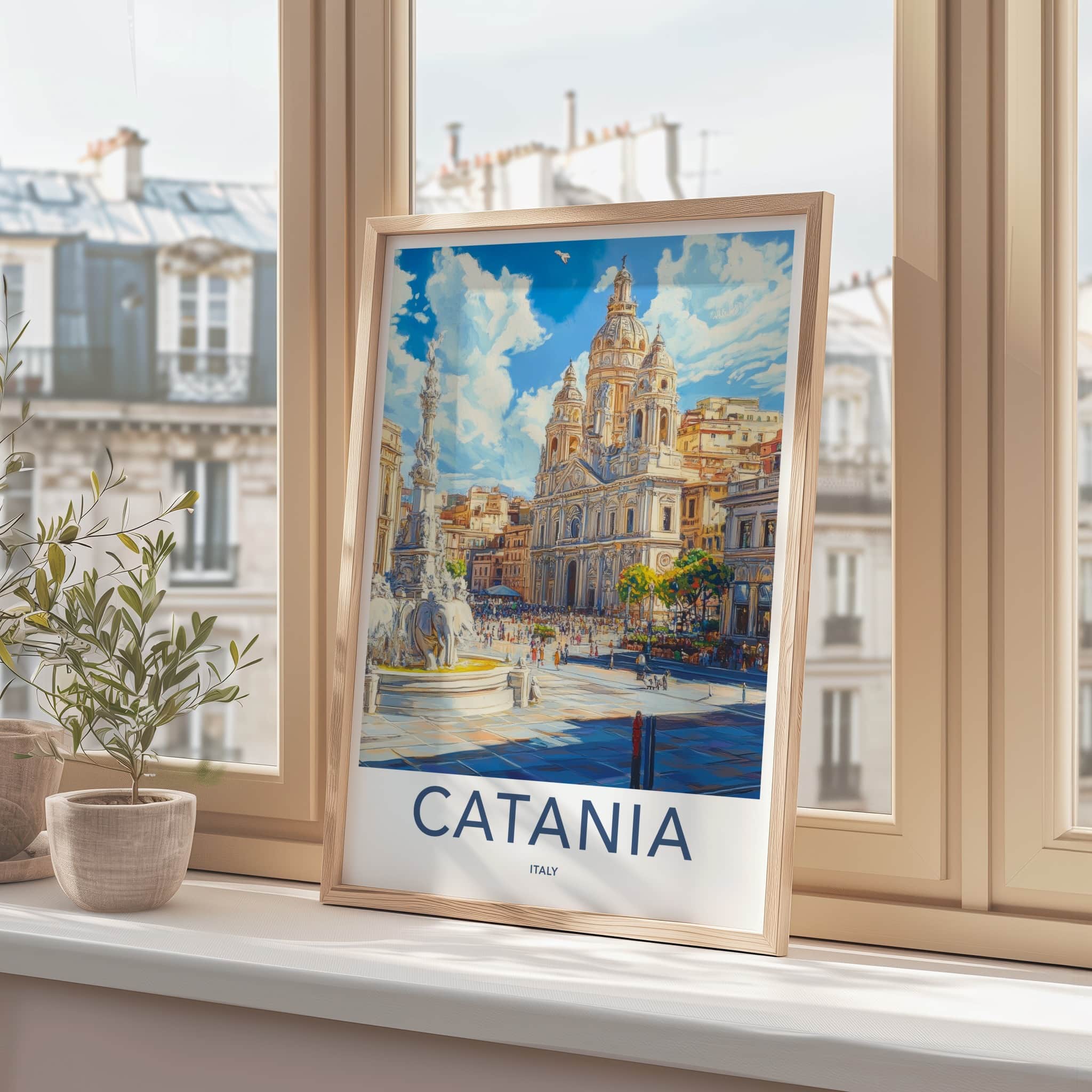 Catania Poster - Italy Travel Art - Elephant Fountain Plaza Home Decor