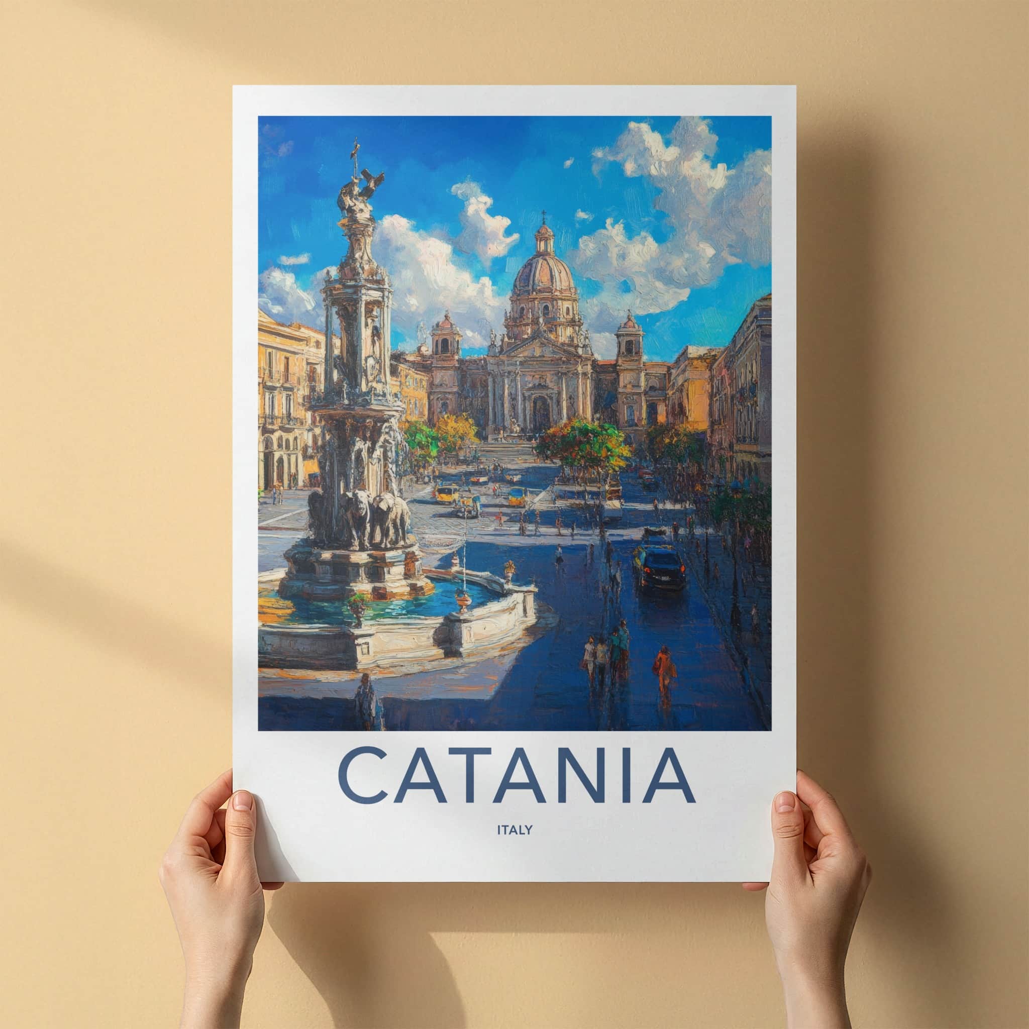 Catania Poster - Italy Travel Art - Vibrant Piazza Fountain Home Decor