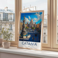 Catania Poster - Italy Travel Art - Vibrant Piazza Fountain Home Decor