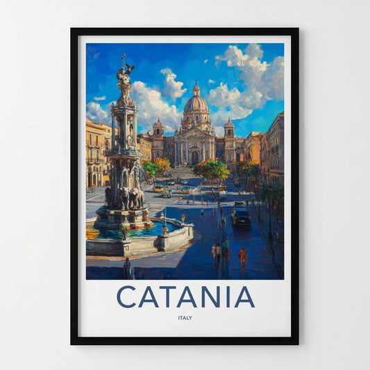 Catania Poster - Italy Travel Art - Vibrant Piazza Fountain Home Decor