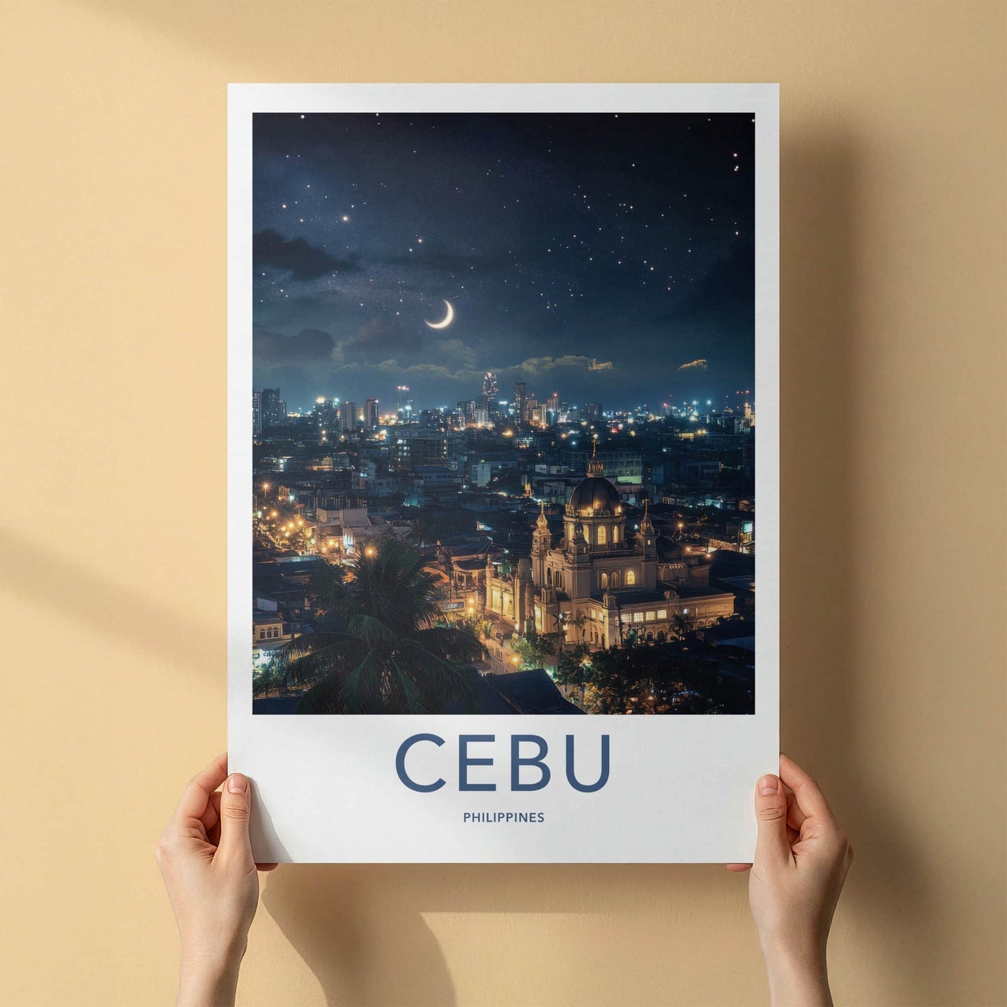 Cebu Poster - Philippines Travel Art - Night Cityscape Moon Home Decor
