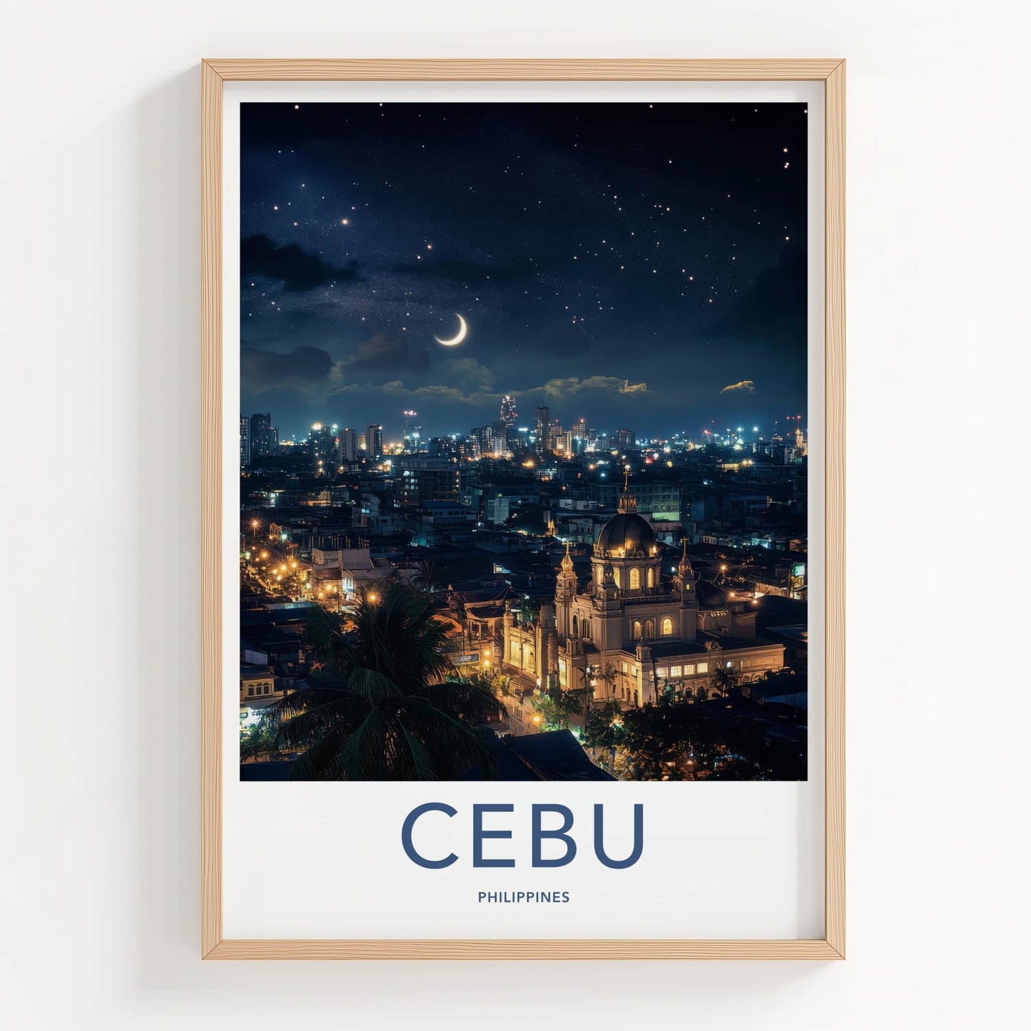 Cebu Poster - Philippines Travel Art - Night Cityscape Moon Home Decor