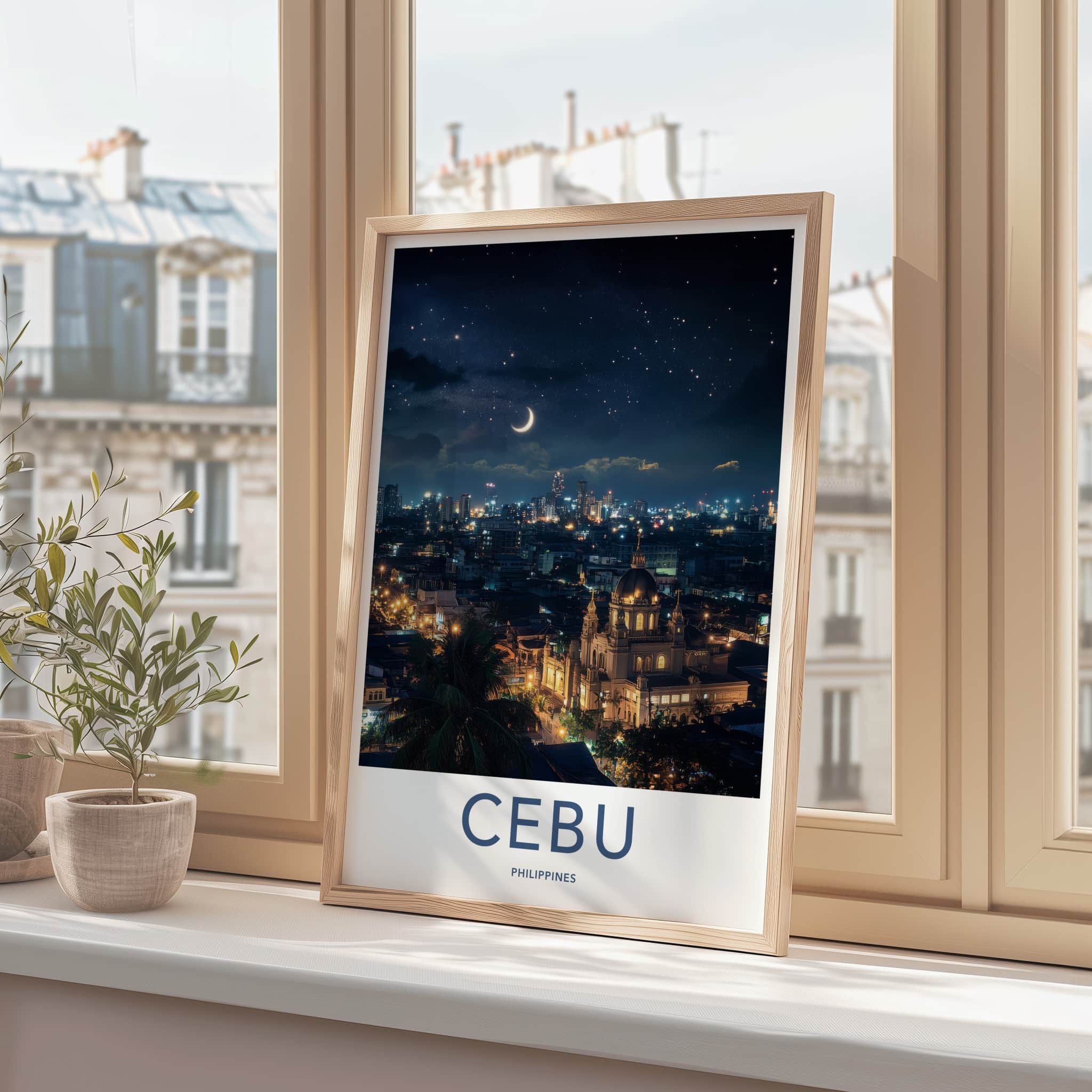 Cebu Poster - Philippines Travel Art - Night Cityscape Moon Home Decor
