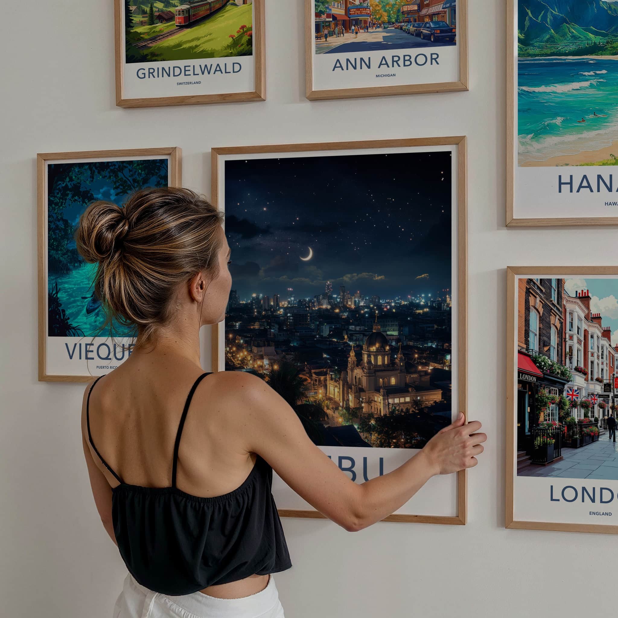 Cebu Poster - Philippines Travel Art - Night Cityscape Moon Home Decor