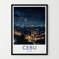 Cebu Poster - Philippines Travel Art - Night Cityscape Moon Home Decor
