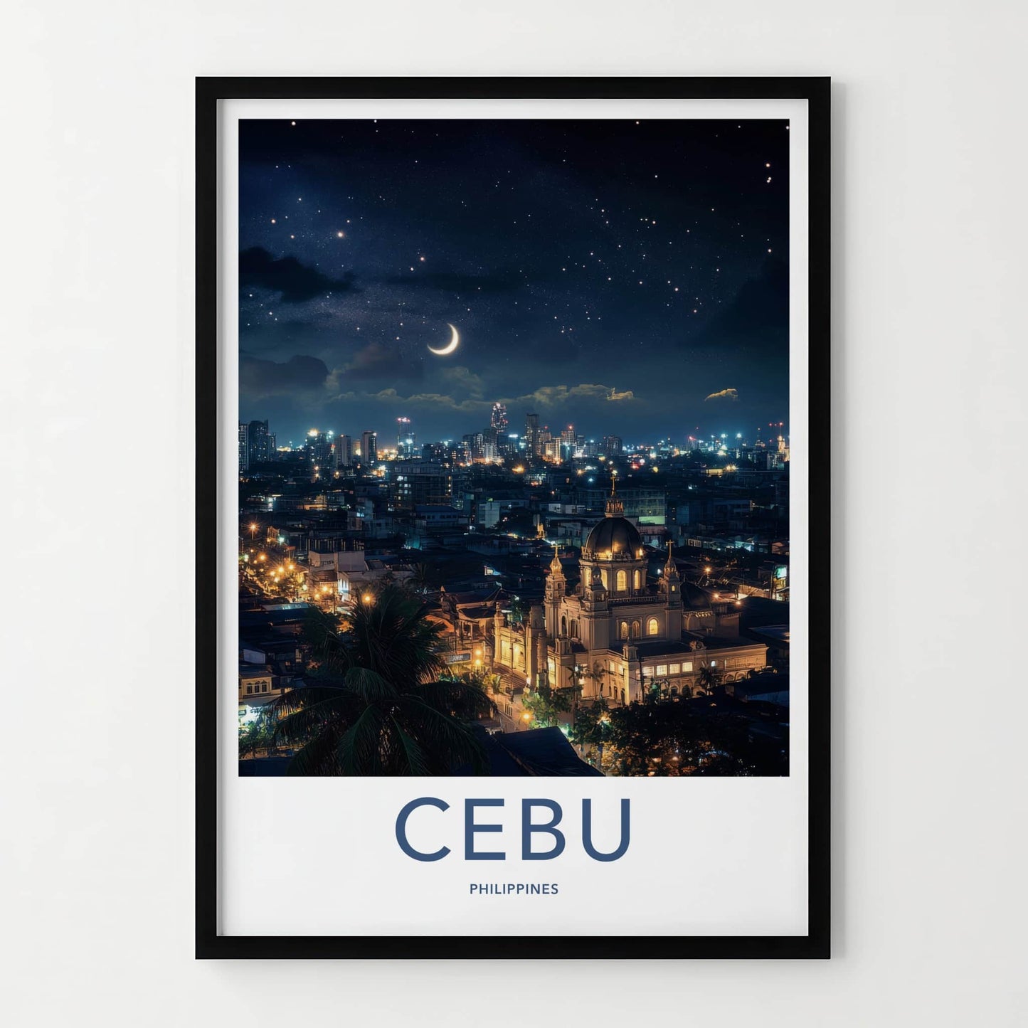 Cebu Poster - Philippines Travel Art - Night Cityscape Moon Home Decor