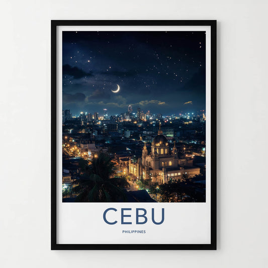 Cebu Poster - Philippines Travel Art - Night Cityscape Moon Home Decor