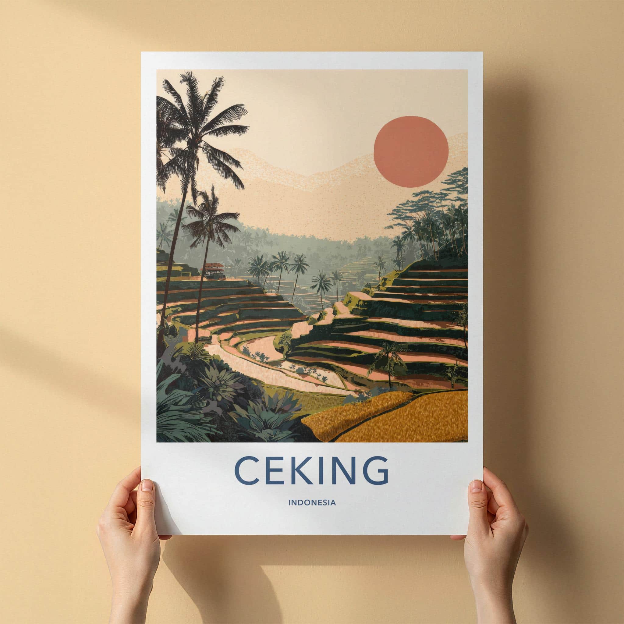 Ceking Poster - Indonesia Travel Art - Tropical Palm Sunset Home Decor