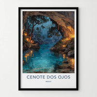 Cenote Dos Ojos Poster - Mexico Travel Art - Ethereal Cave Glow Wall Decor