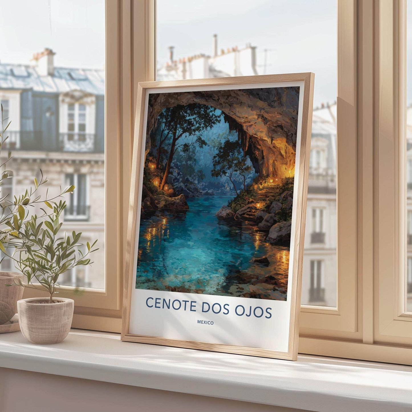 Cenote Dos Ojos Poster - Mexico Travel Art - Ethereal Cave Glow Wall Decor