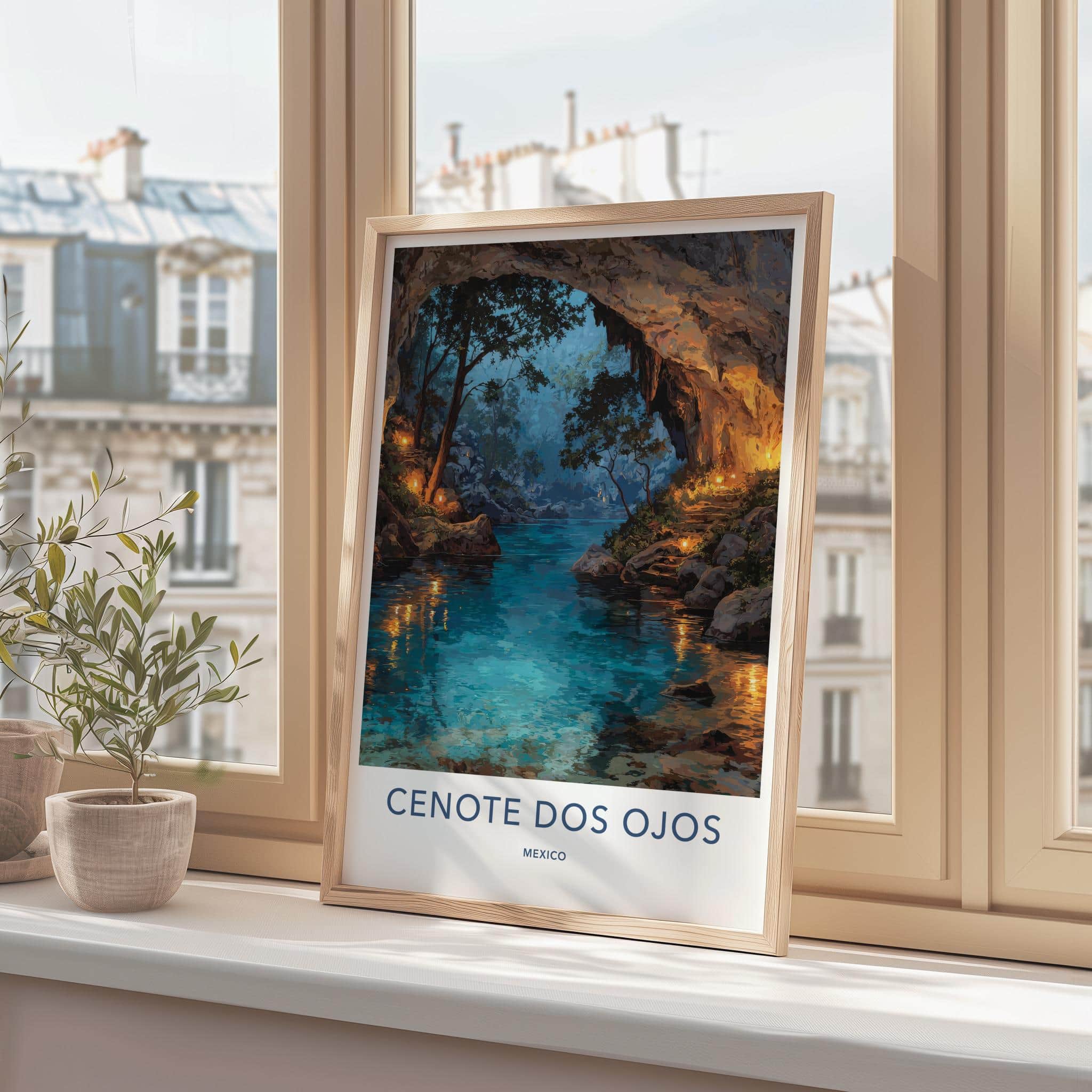 Cenote Dos Ojos Poster - Mexico Travel Art - Ethereal Cave Glow Wall Decor