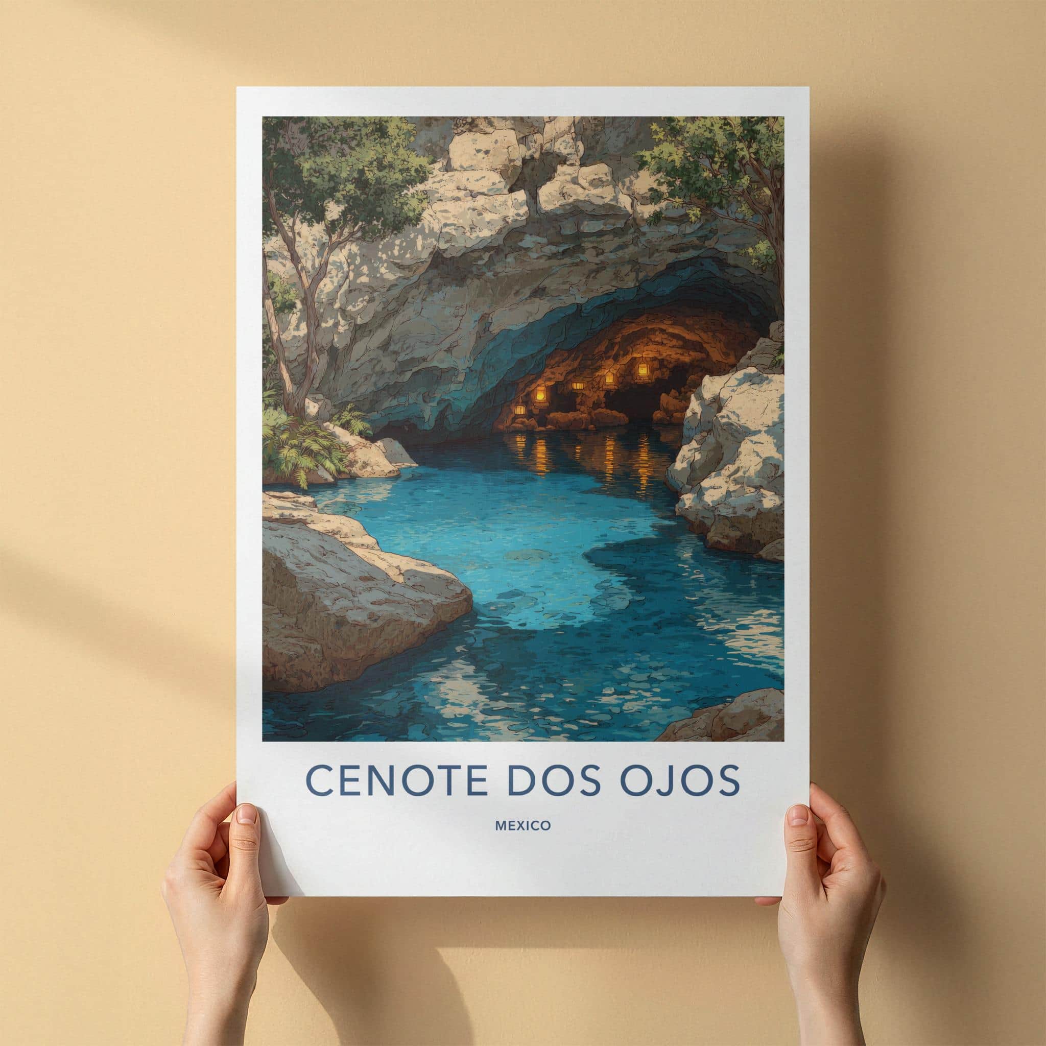 Cenote Dos Ojos Poster - Mexico Travel Art - Glowing Cavern Waters Home Decor