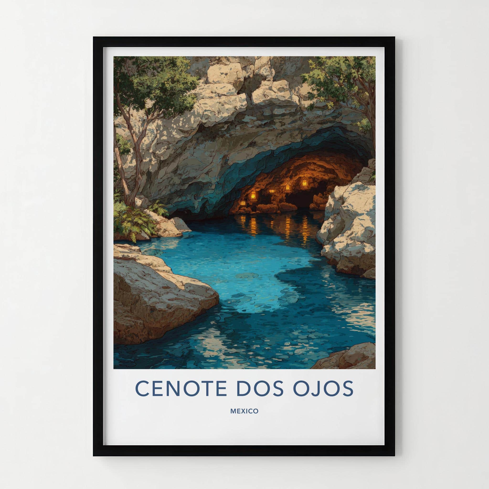Cenote Dos Ojos Poster - Mexico Travel Art - Glowing Cavern Waters Home Decor