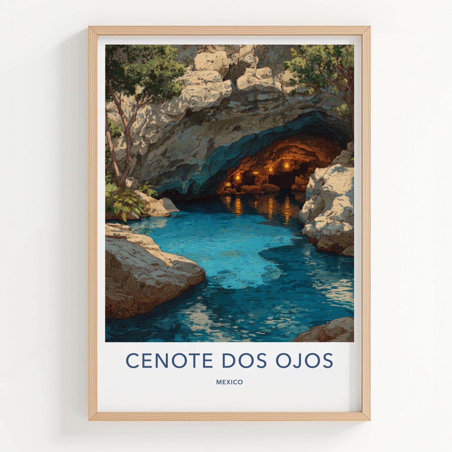 Cenote Dos Ojos Poster - Mexico Travel Art - Glowing Cavern Waters Home Decor