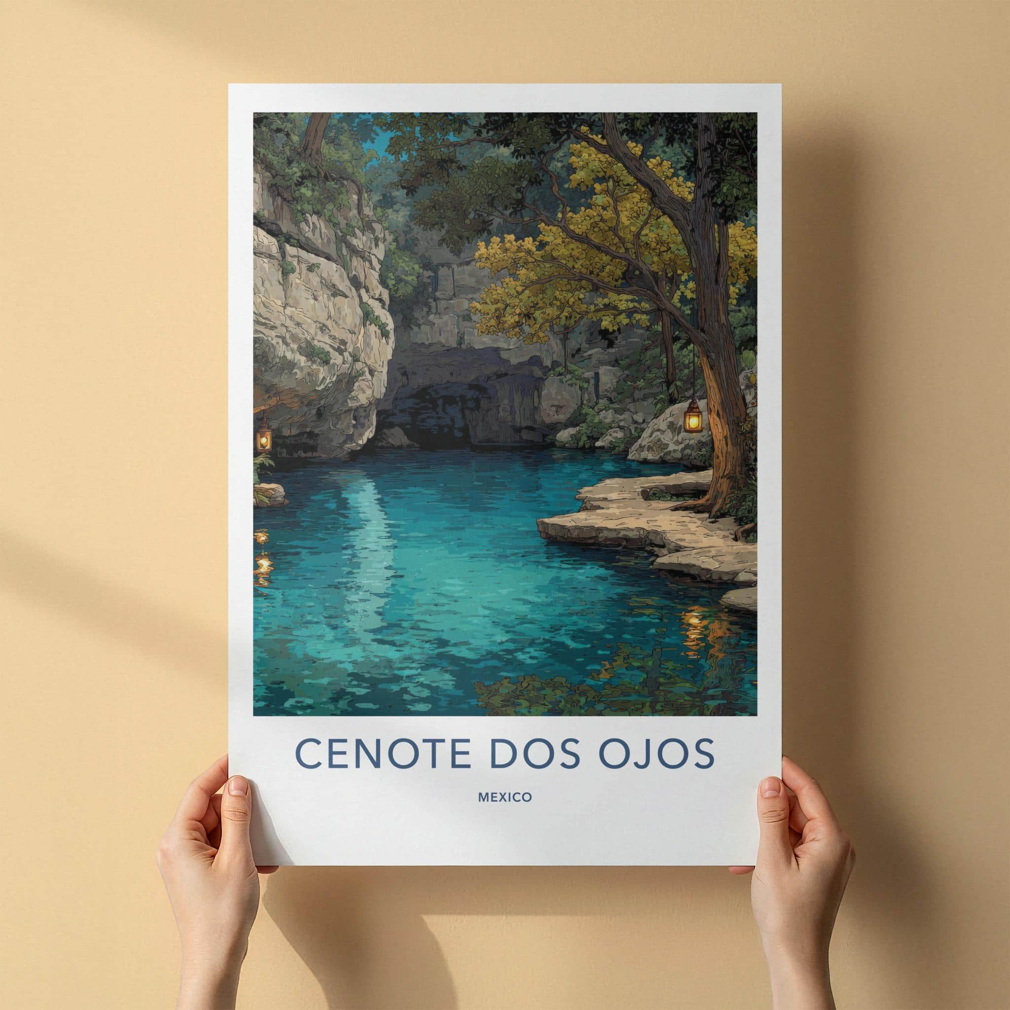 Cenote Dos Ojos Poster - Mexico Travel Art - Glowing Lantern Grotto Home Decor