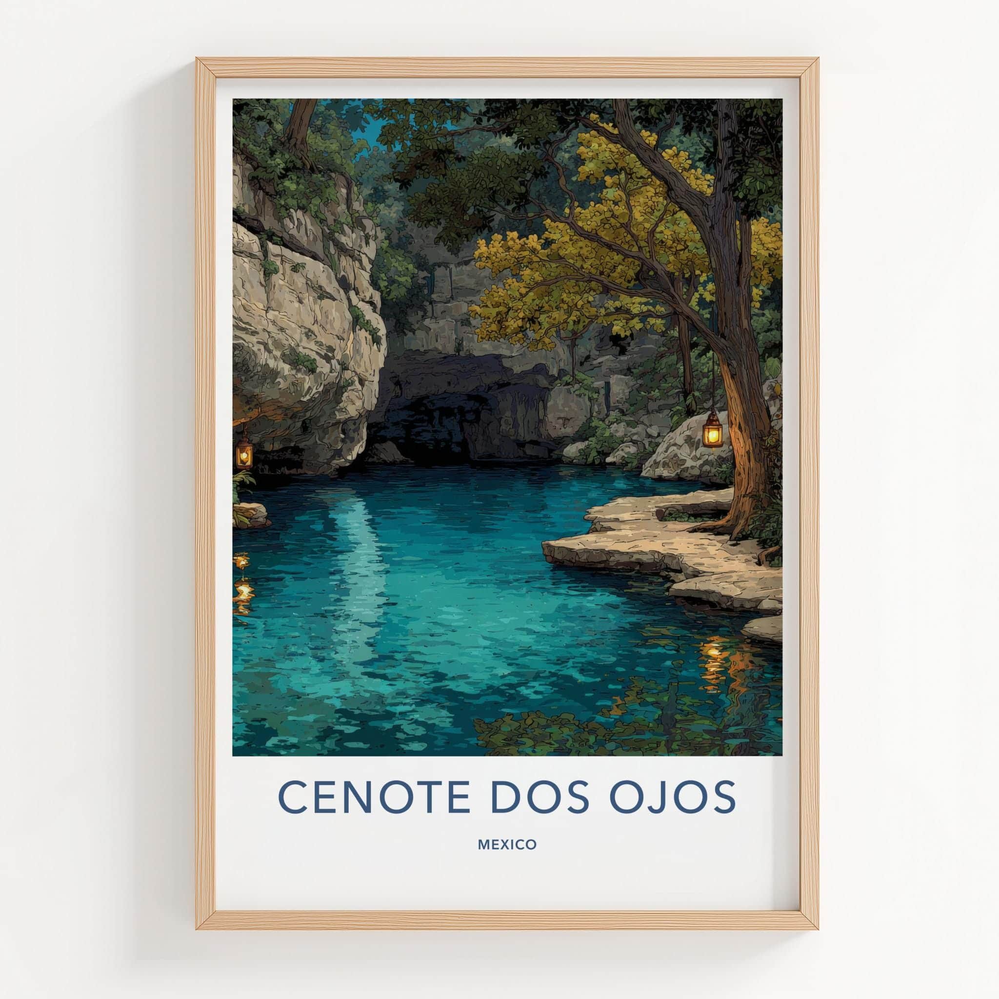 Cenote Dos Ojos Poster - Mexico Travel Art - Glowing Lantern Grotto Home Decor