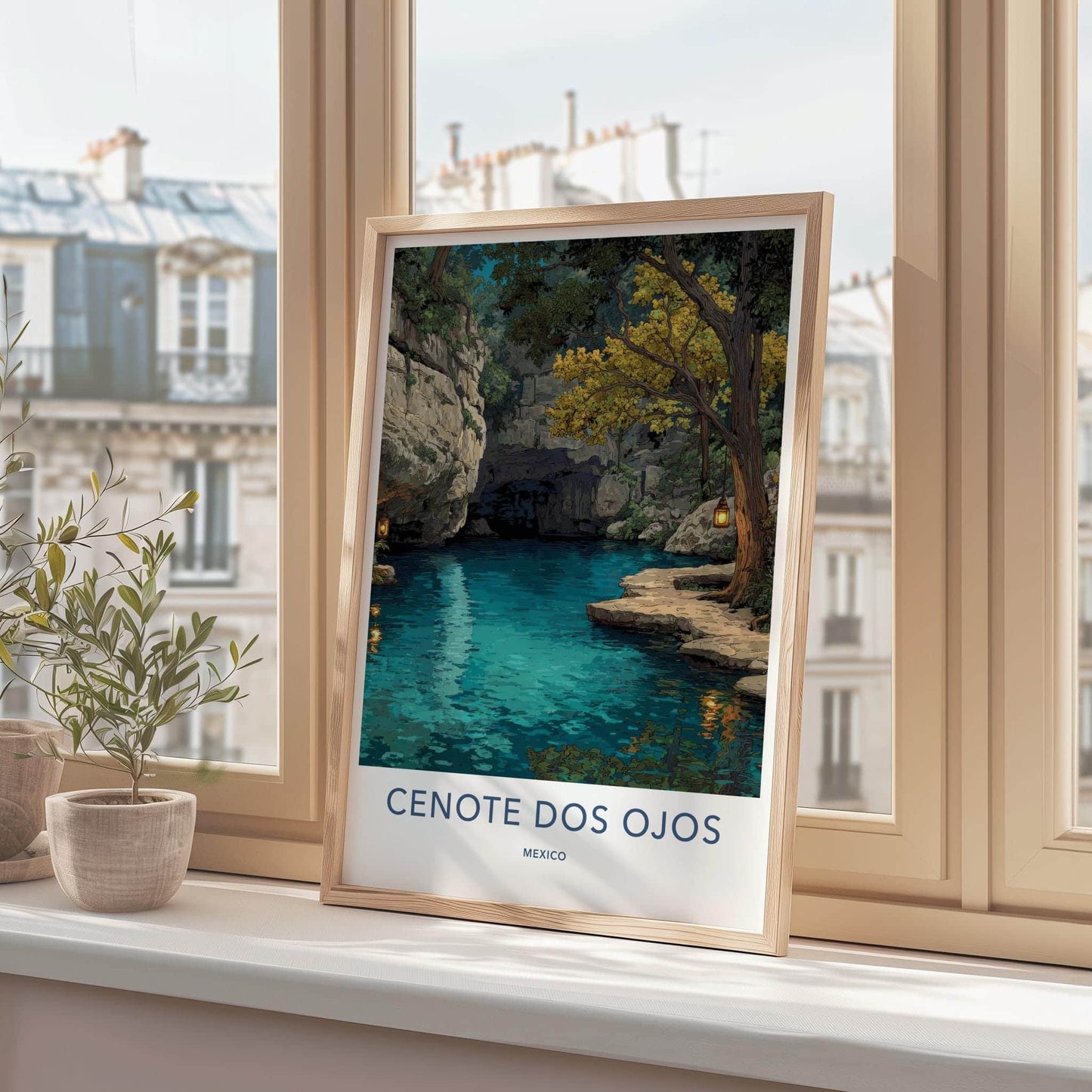 Cenote Dos Ojos Poster - Mexico Travel Art - Glowing Lantern Grotto Home Decor