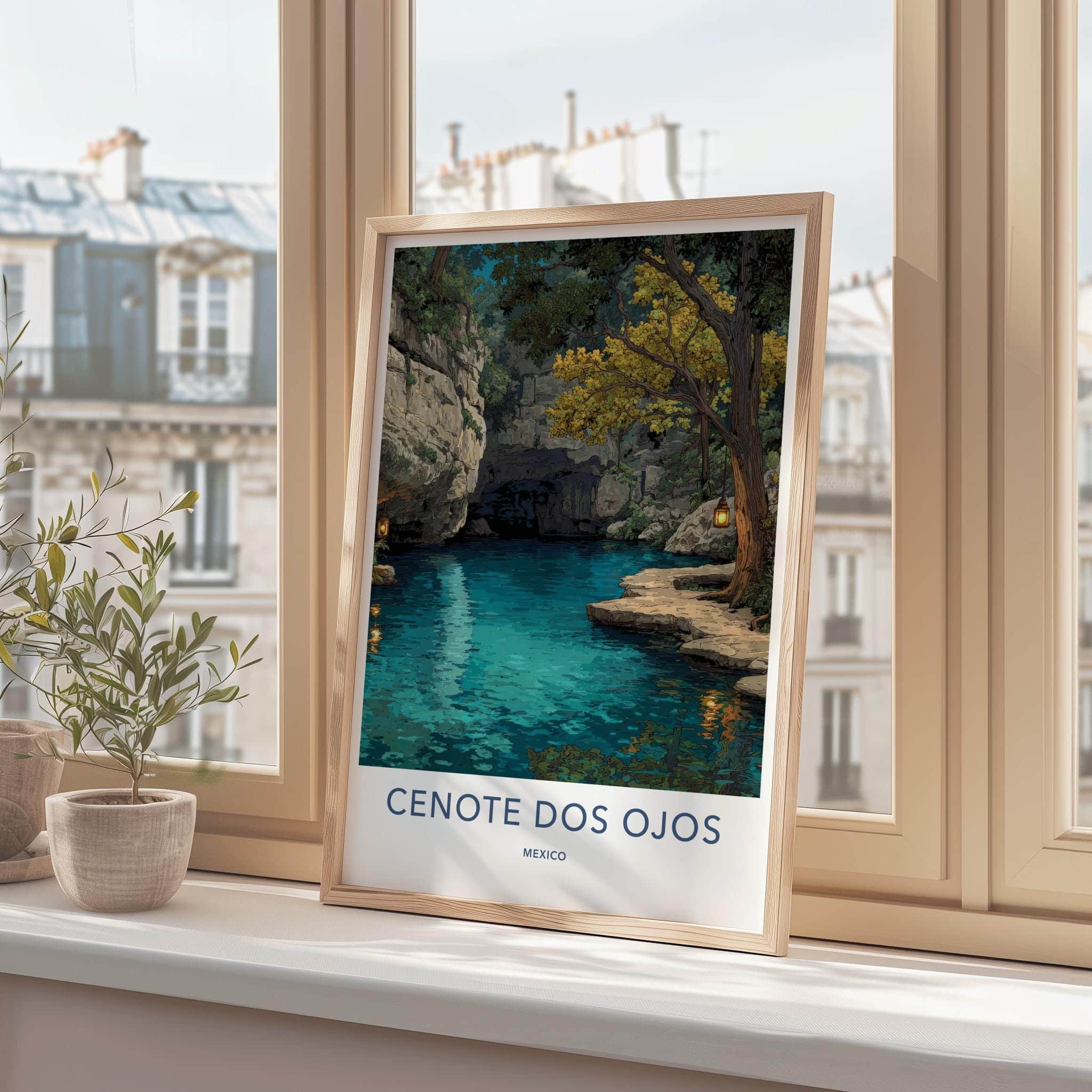 Cenote Dos Ojos Poster - Mexico Travel Art - Glowing Lantern Grotto Home Decor